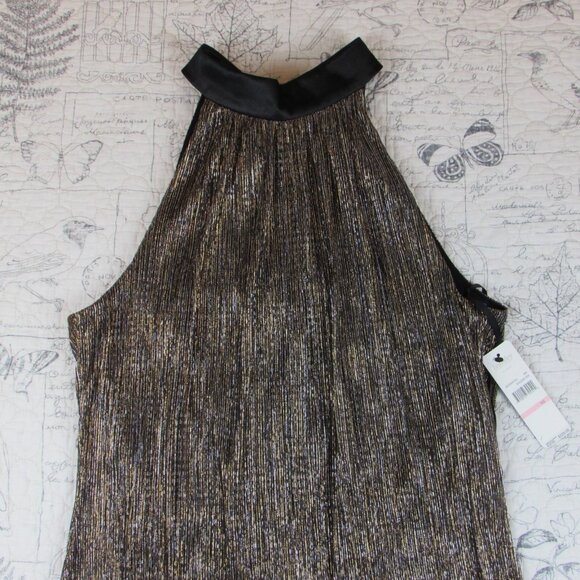 NEW $225 Laundry by Shelli Segal Metallic Gold Sleeveless Dress Back Bow Neck 10 - Picture 4 of 10